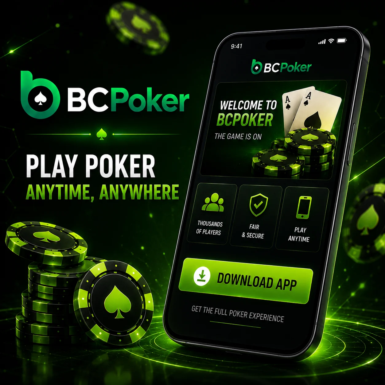 BC Poker mobile app with download button and poker chips.