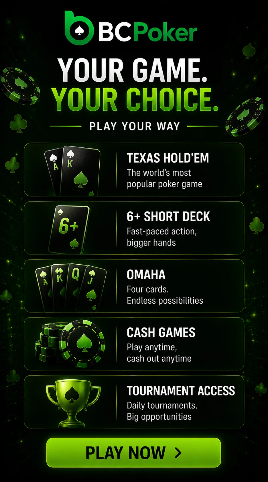 BC Poker mobile game modes