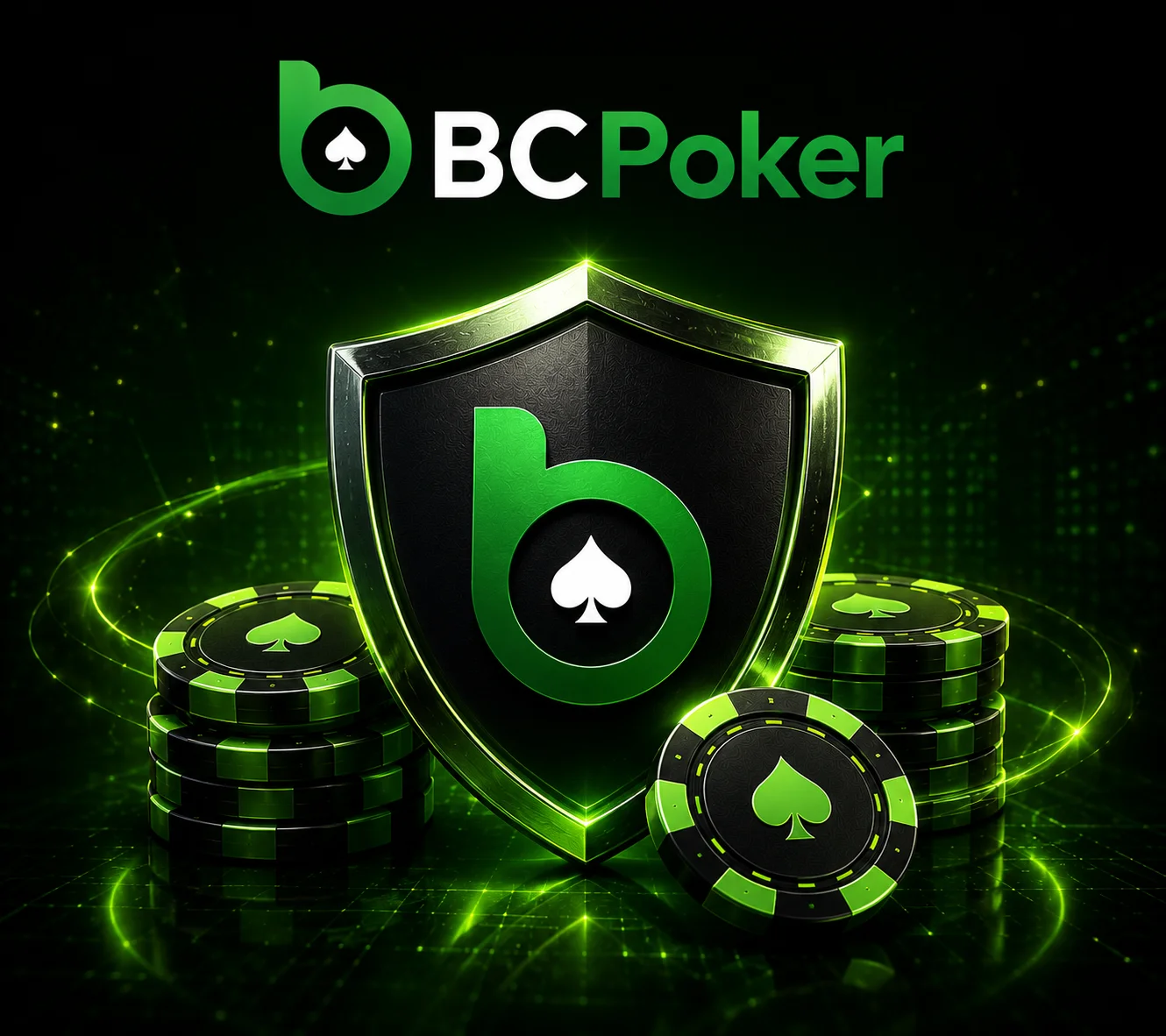 BC Poker security shield with poker chips in neon green style.